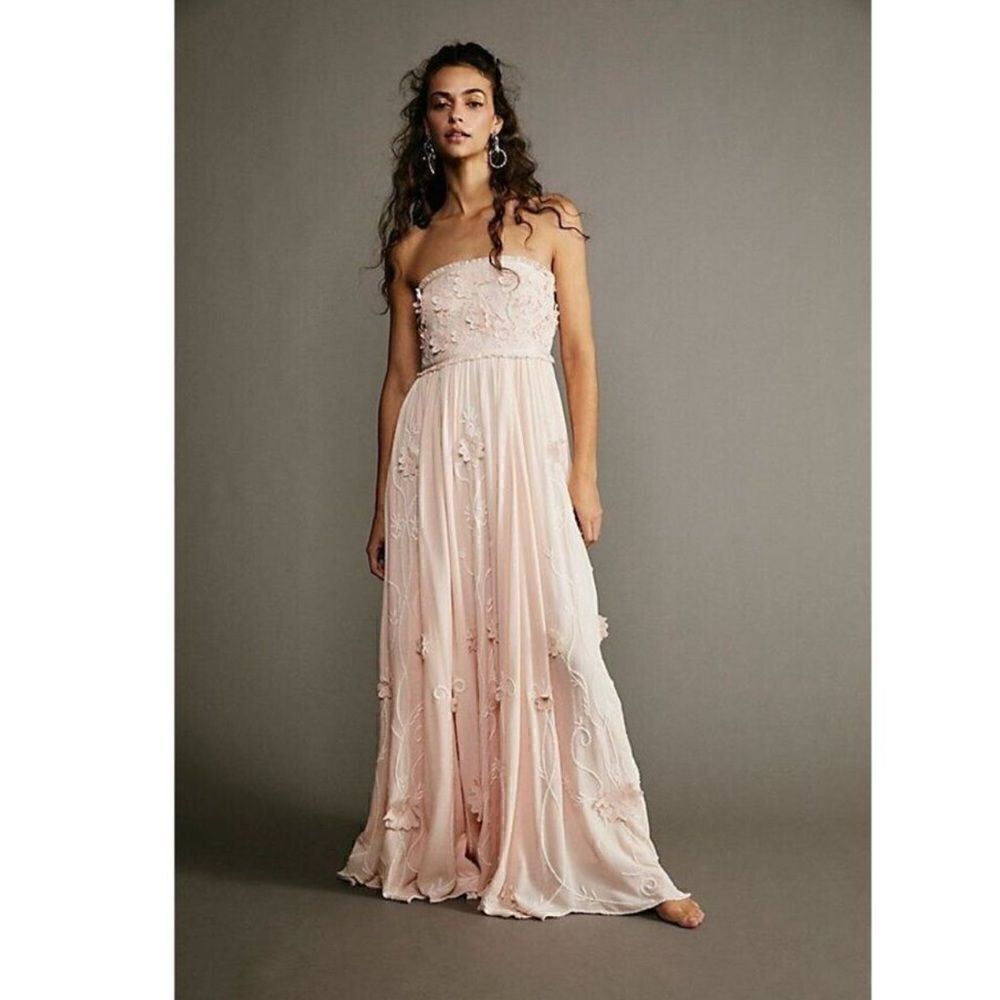 Free People Rosa Floral Appliqué Maxi Dress Gown Pale Peach/  Size S